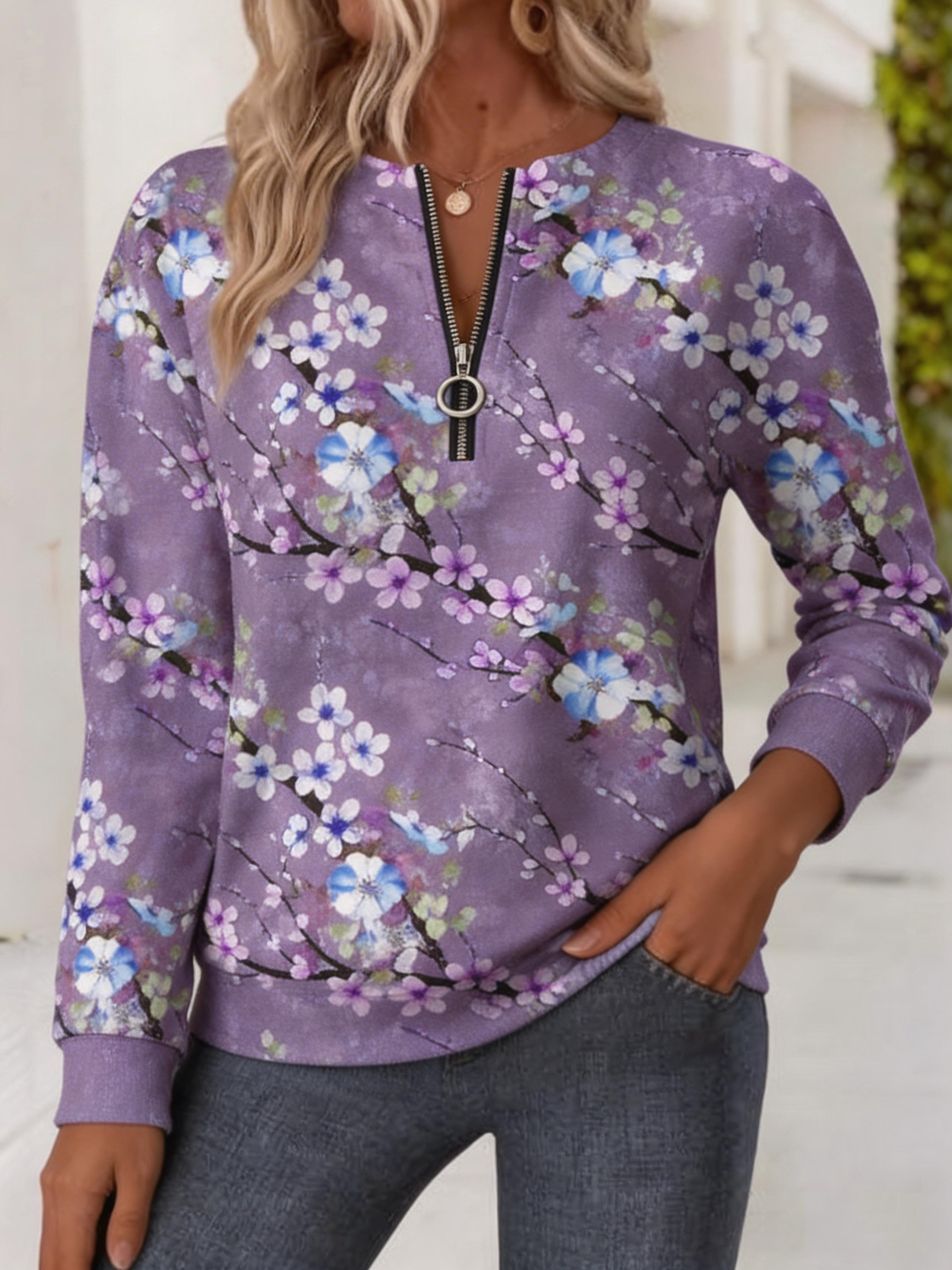 Crew Neck Loose Casual Floral Sweatshirt