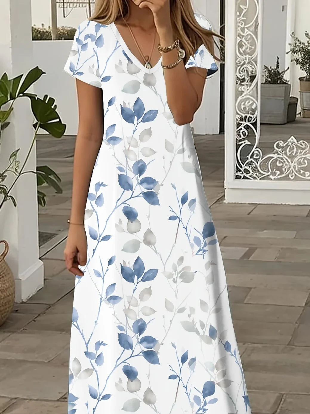 Women's Floral Print V-Neck Short Sleeve Slit Dress