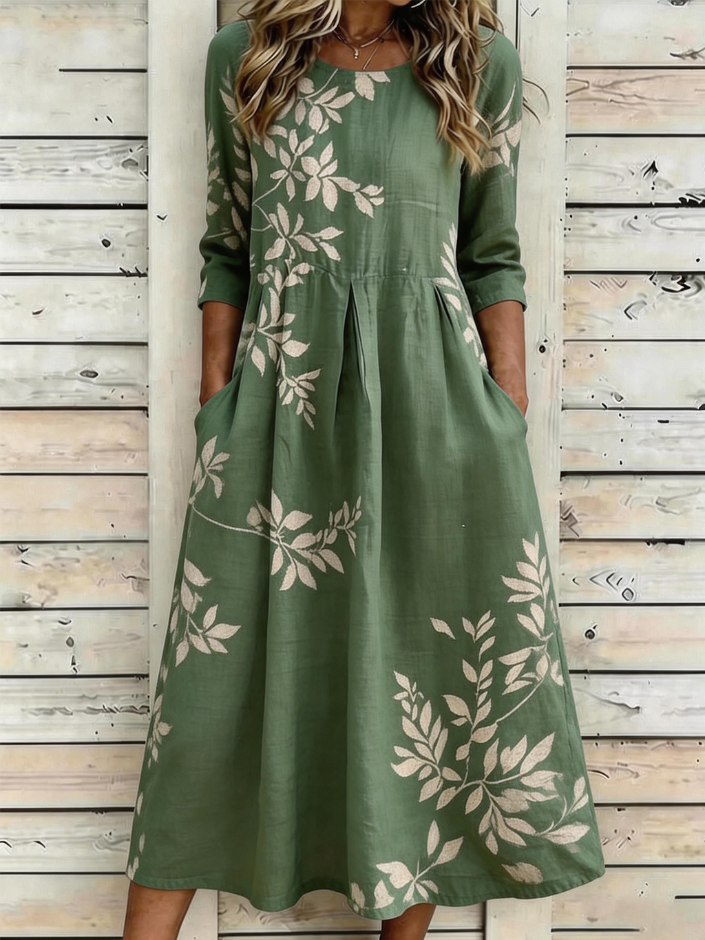 Green Leaf Print 3/4 Sleeve Loose Maxi Dress