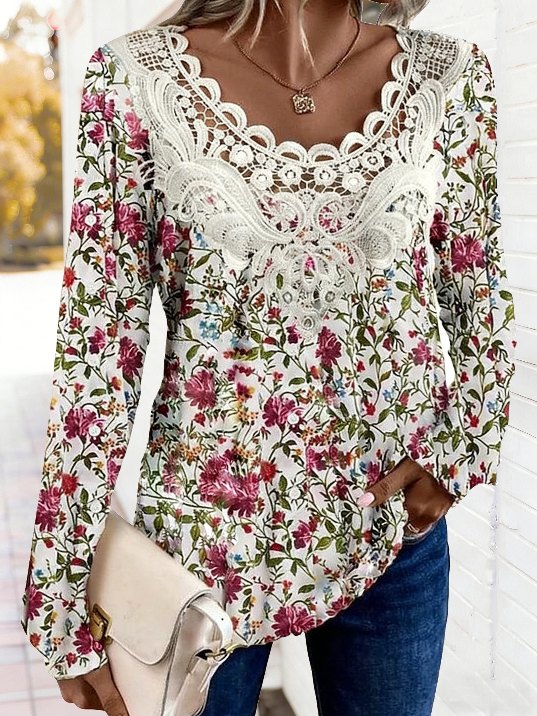 Lace Floral Printing V Neck Casual T-Shirt