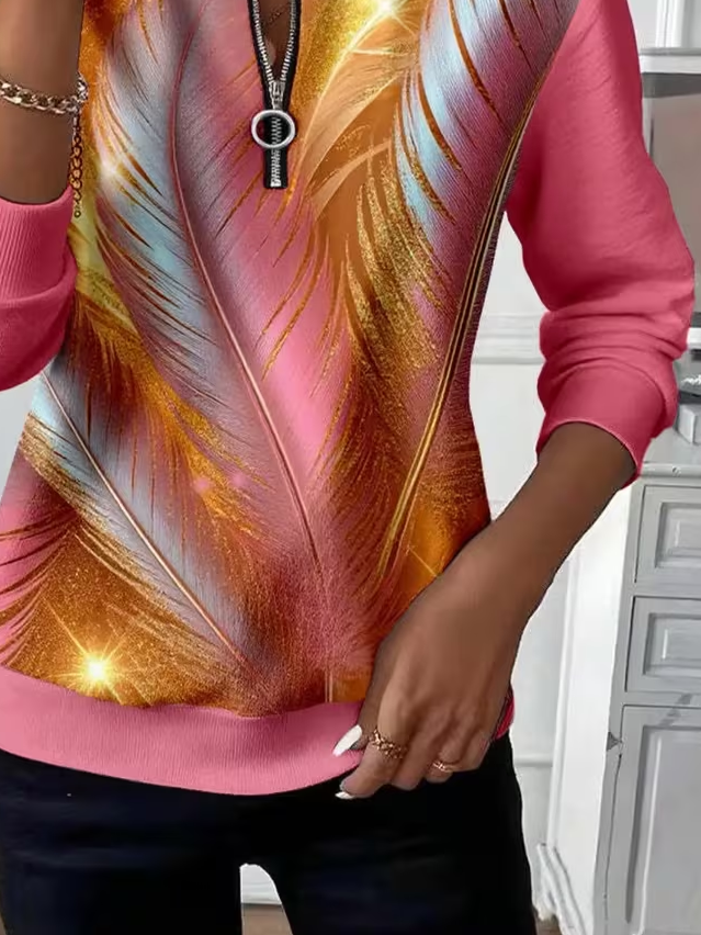 Women's Abstract Print Casual Zipper Long Sleeve Sweatshirt