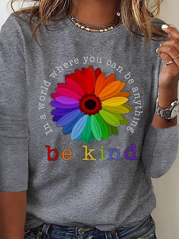 Women Casual Autumn Sunflower Micro-Elasticity Daily Loose Standard Long sleeve H-Line T-shirt