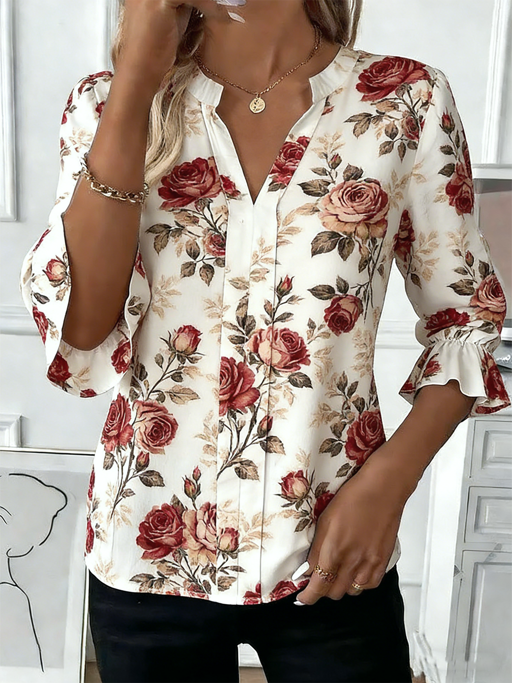 Elegant V Neck Linen Blend Regular Fit Shirt