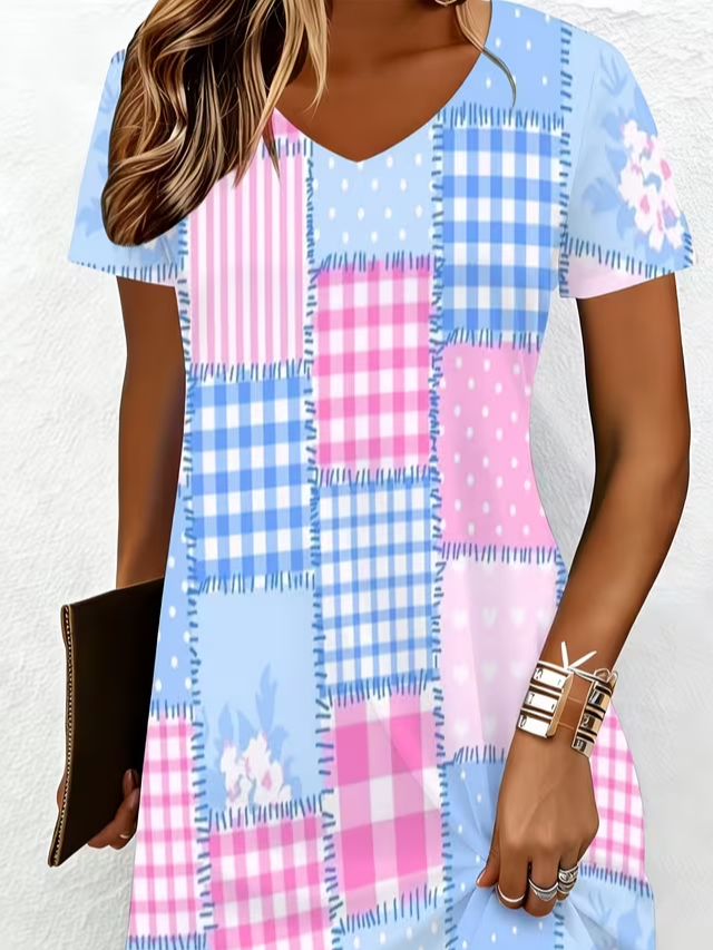 Women's Short Sleeve Summer Blue Abstract Printing V Neck Daily Going Out Casual Knee Length H-Line T-Shirt Dress Dress