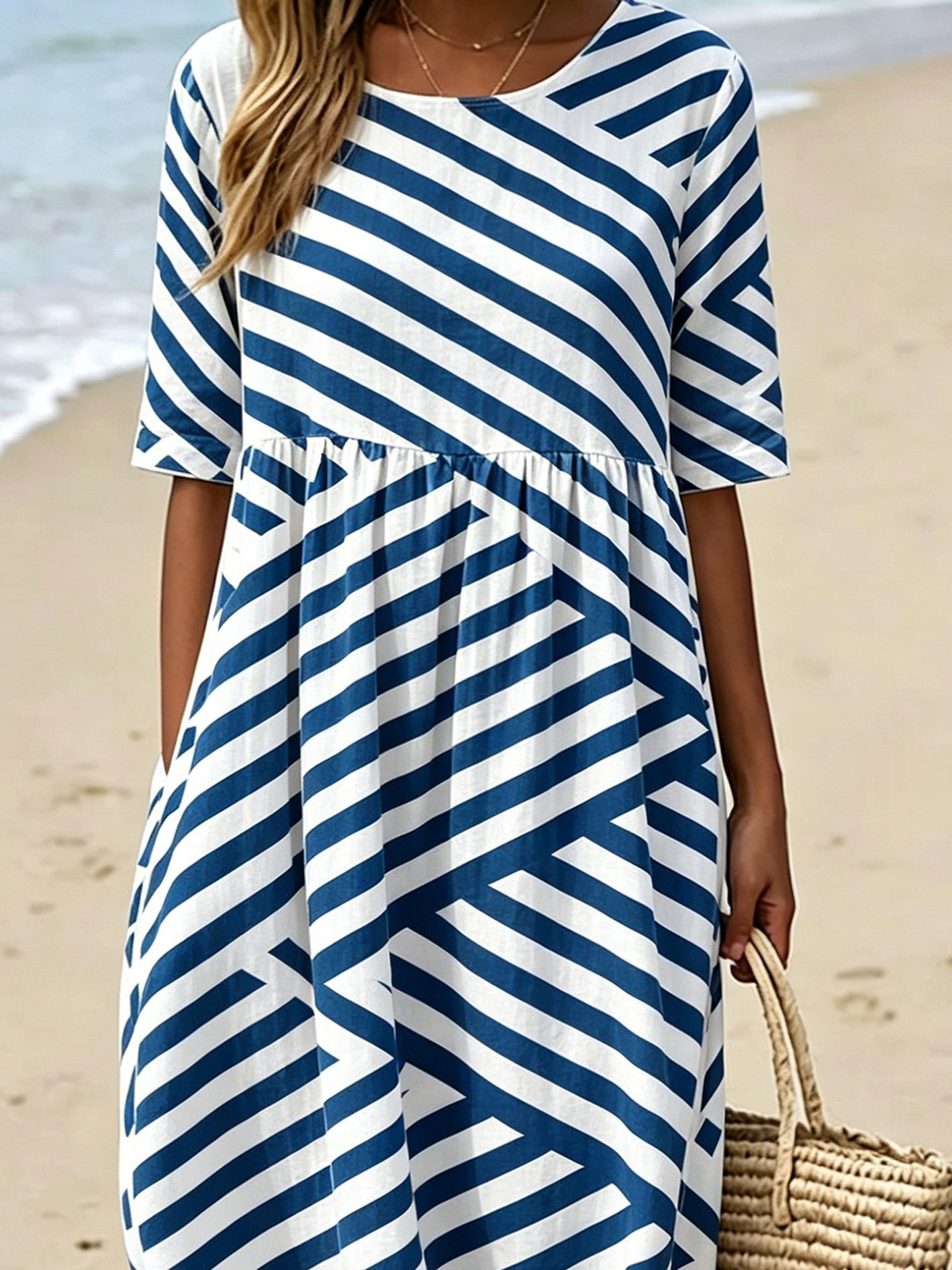 Abstract Striped Crew Neck Short Sleeve Summer Daily Going Out Casual Maxi Dress