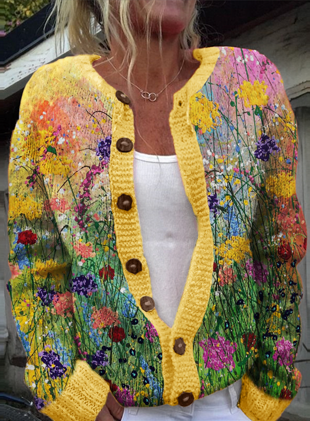 Retro plant flower button cardigan