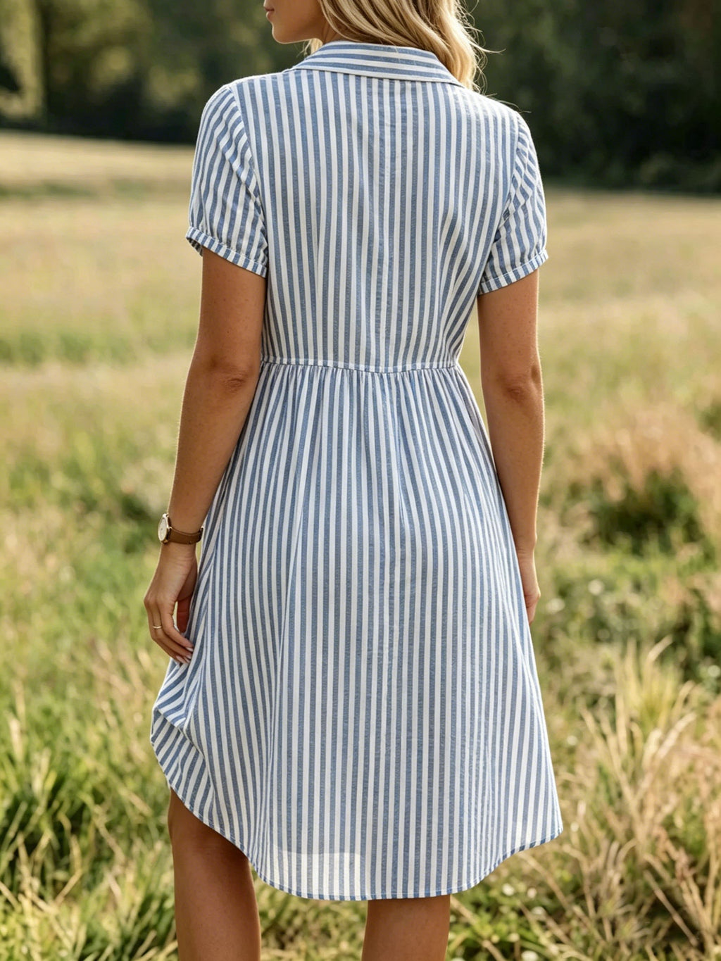 Blue Striped Print V-Neck Short Sleeve Daily Going Out Casual Midi Dress