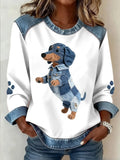 Denim Color Block Animal Crew Neck Long Sleeve Going Out Casual Sweatshirt