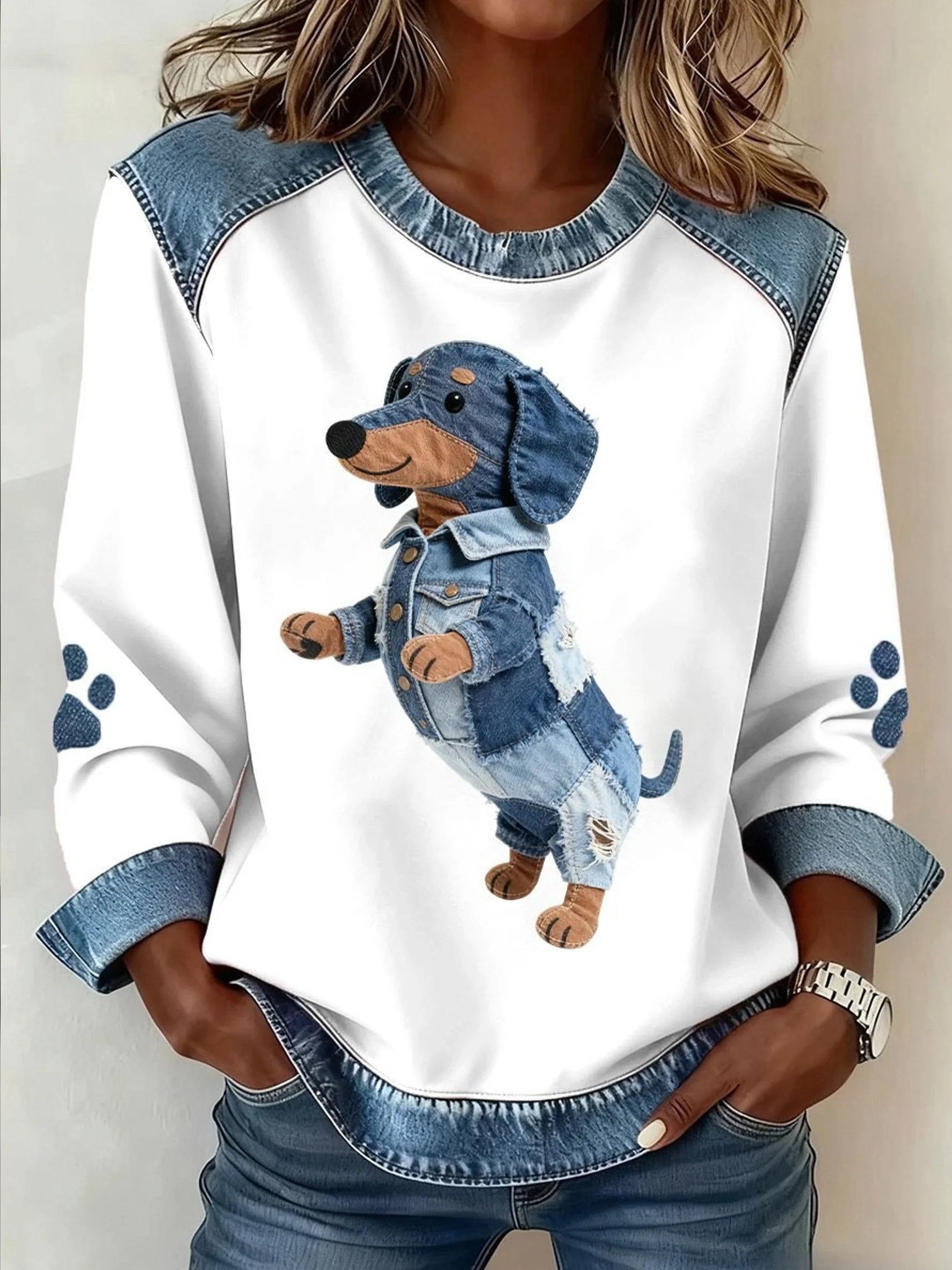 Denim Color Block Animal Crew Neck Long Sleeve Going Out Casual Sweatshirt