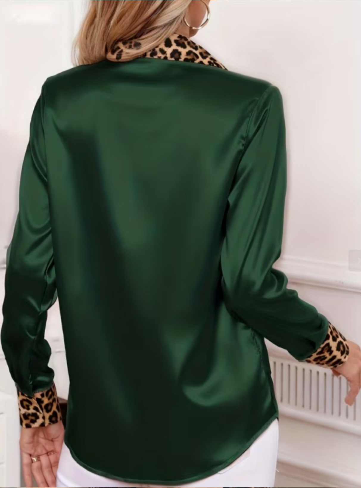 Women's Elegant Satin Color Block Leopard Printing Long Sleeve Shawl Collar Shirt