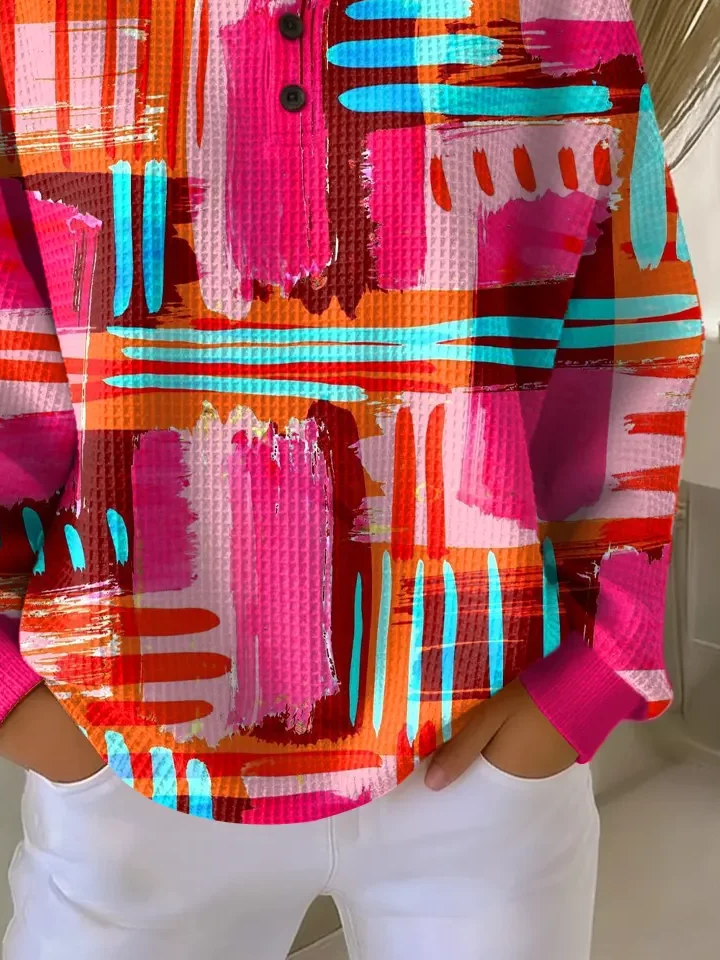 Women's Abstract Print Button-Up Casual Waffle Knit Sweatshirt