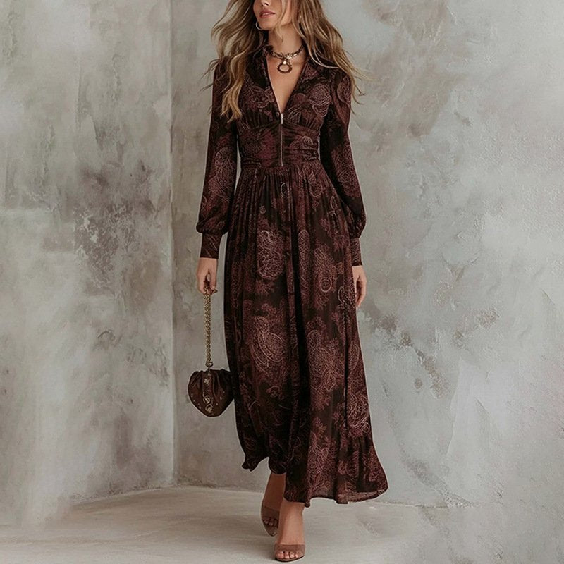 Women's Brown Paisley Print Maxi Dress Collared Long Sleeve Zip Front Bohemian Party Dress