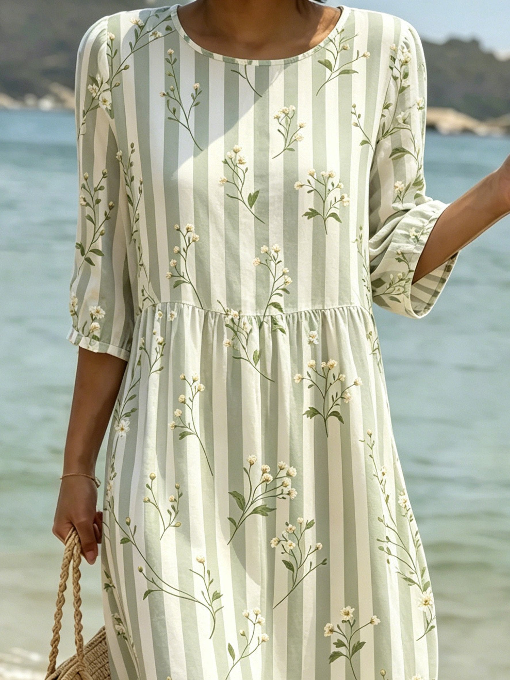 Women's As Picture Striped Floral Printed Casual Crew Neck Cotton-Blend Ocean Pattern Casual Midi Dress