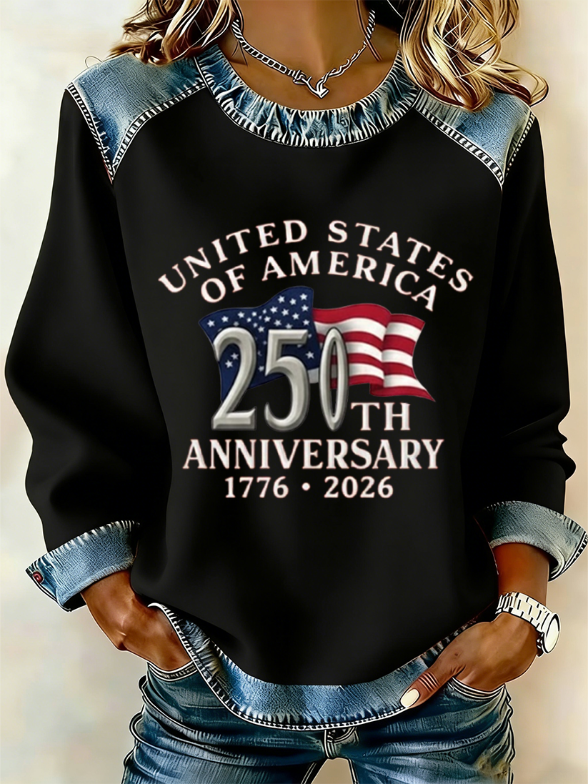 Women's USA Print Patchwork Denim Crewneck Long-Sleeved Sweatshirt
