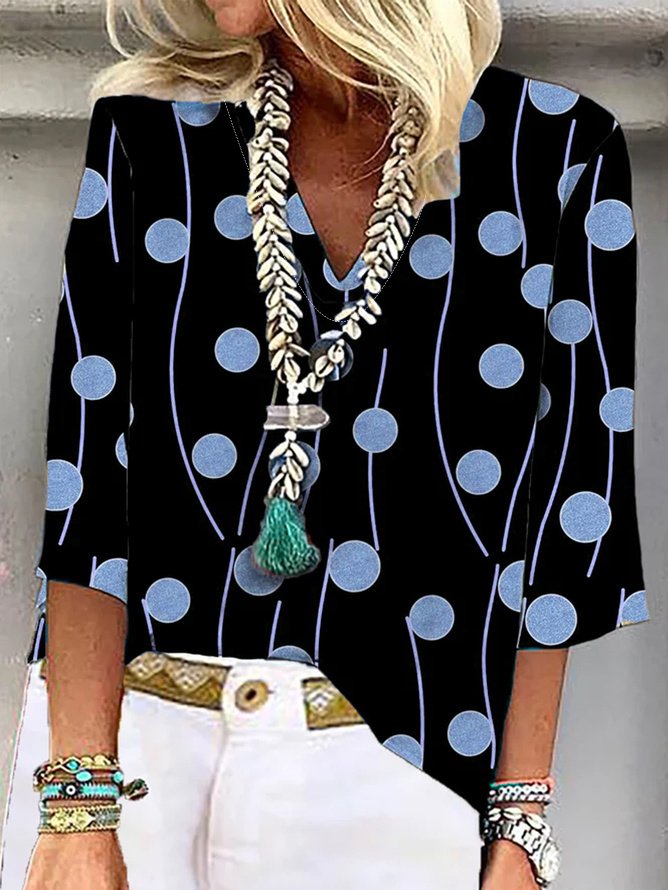 Vintage Loose Polka Dots V Neck Blouse