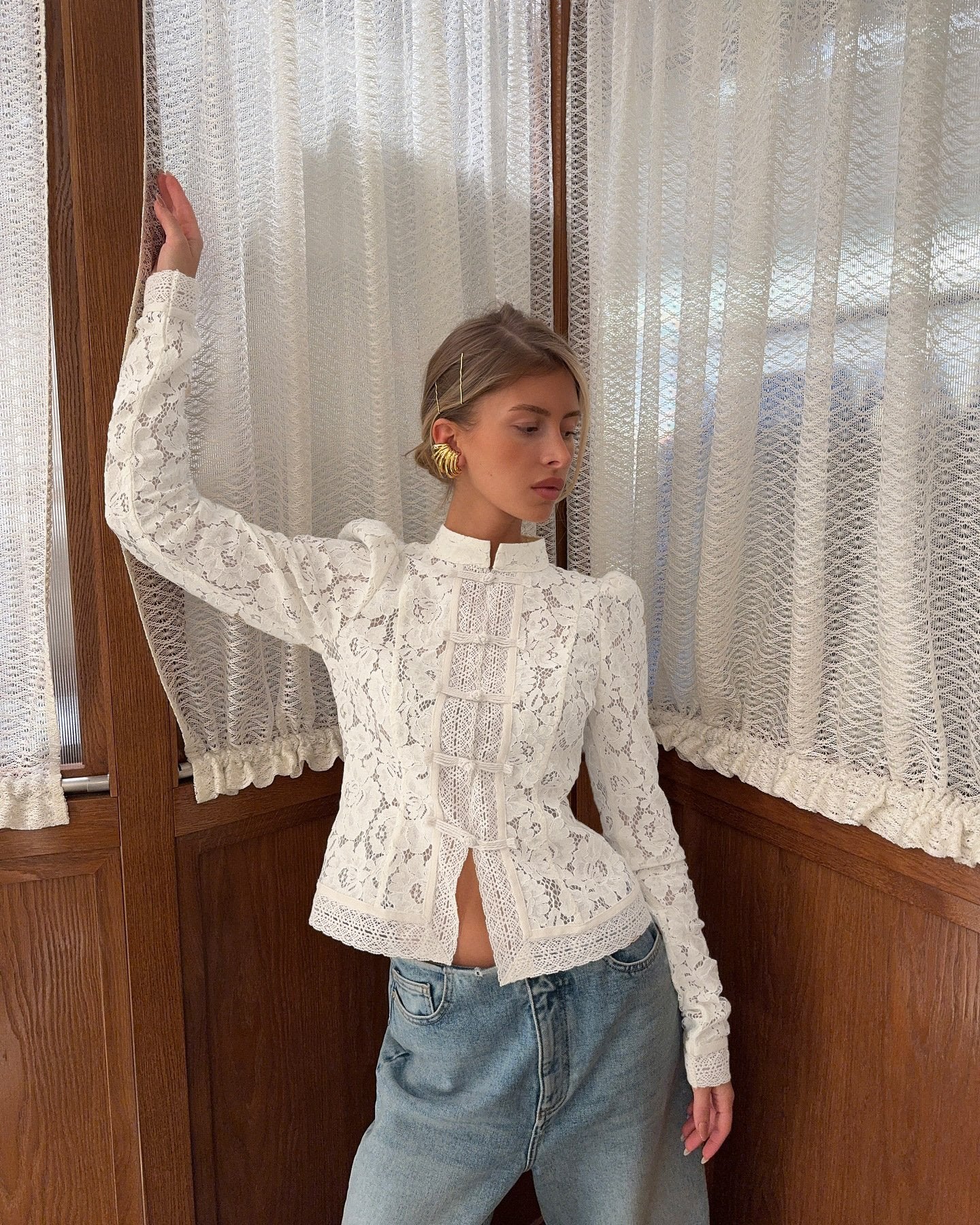 Mock Neck Elegant Lace Cotton-Blend Shirt