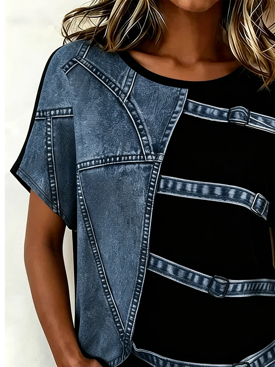 Crew Neck Casual Faux Denim Print Graphic T-Shirt
