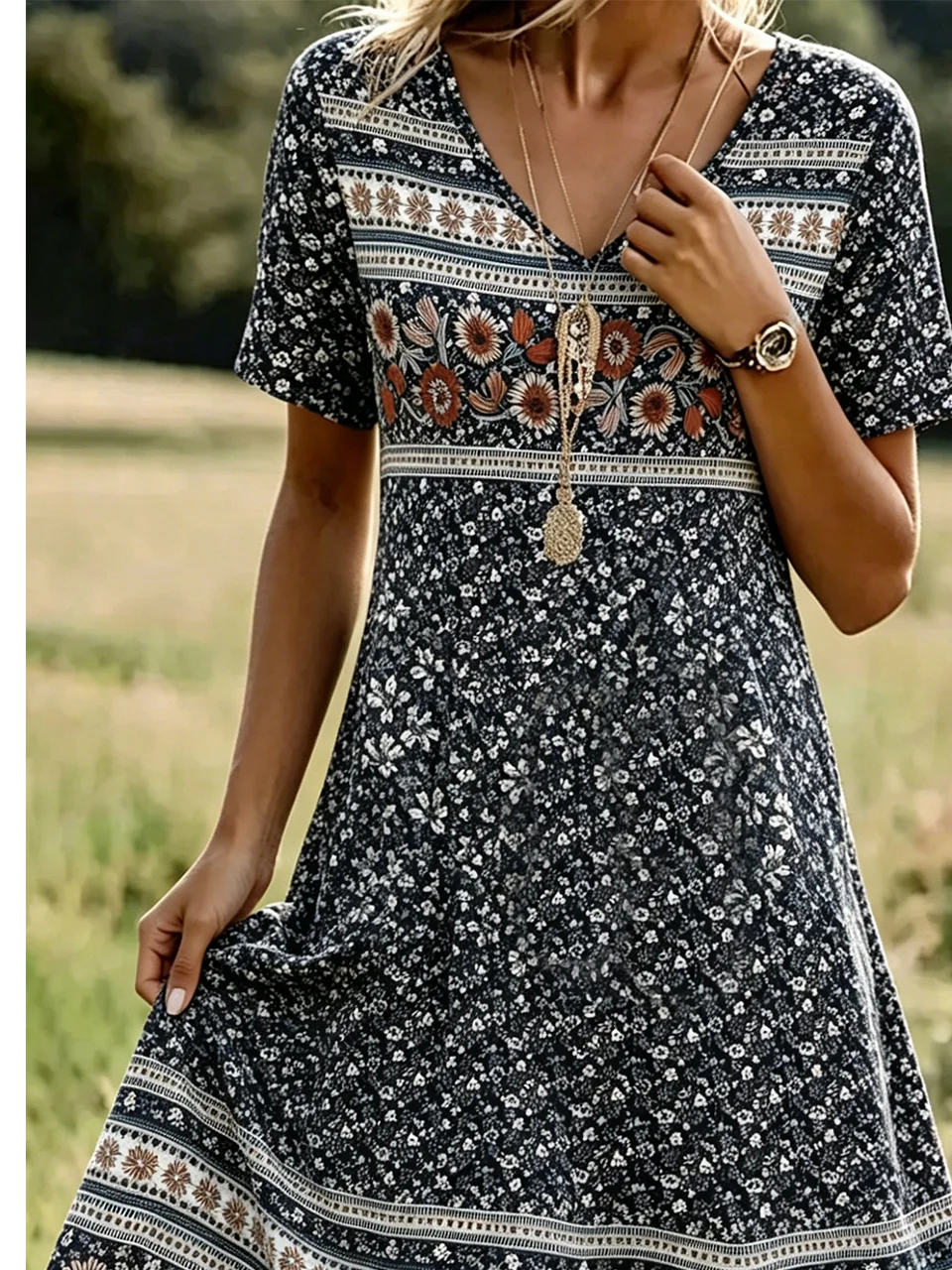 Women's Vintage Floral V-Neck Short-Sleeve Dress