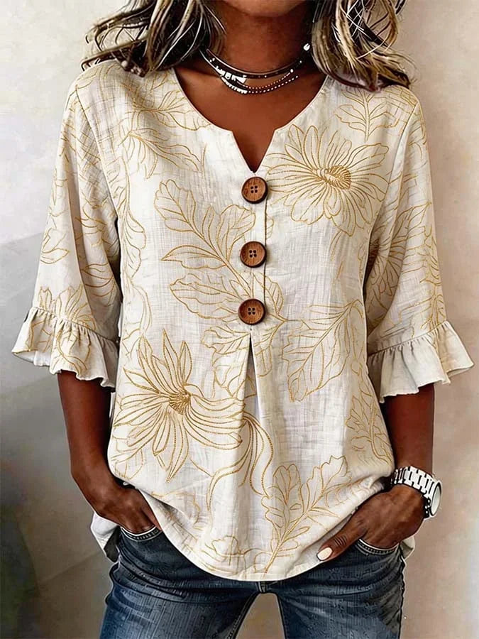 Women's Half Sleeve Blouse Summer Apricot Floral Printing V Neck Daily Going Out Vintage Top