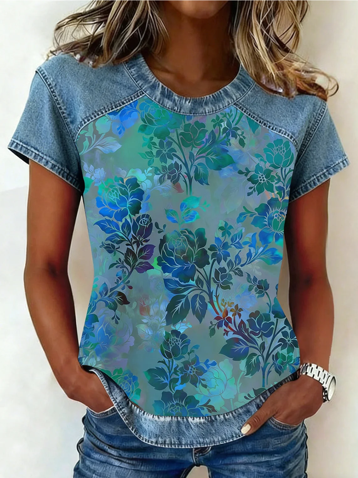 Denim Vintage Crew Neck Floral T-Shirt