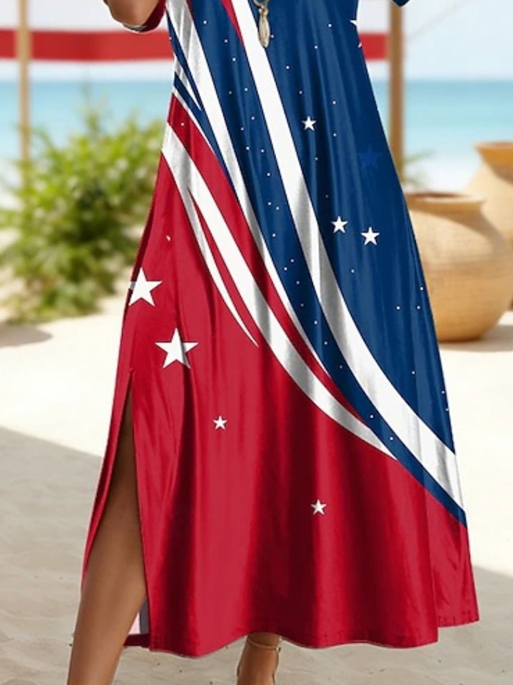 Women's Short Sleeve Summer As Picture America Flag V Neck Short Sleeve Daily Going Out Casual Maxi A-Line T-Shirt Dress 250th Anniversary