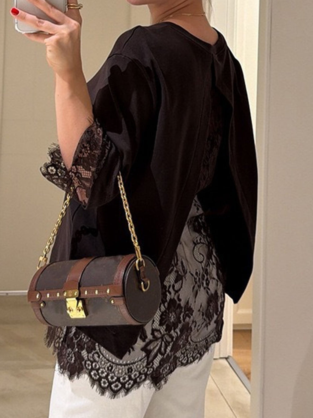 Elegant Plain Lace Patchwork Top Crew Neck Short Sleeve Casual Loose T-Shirt