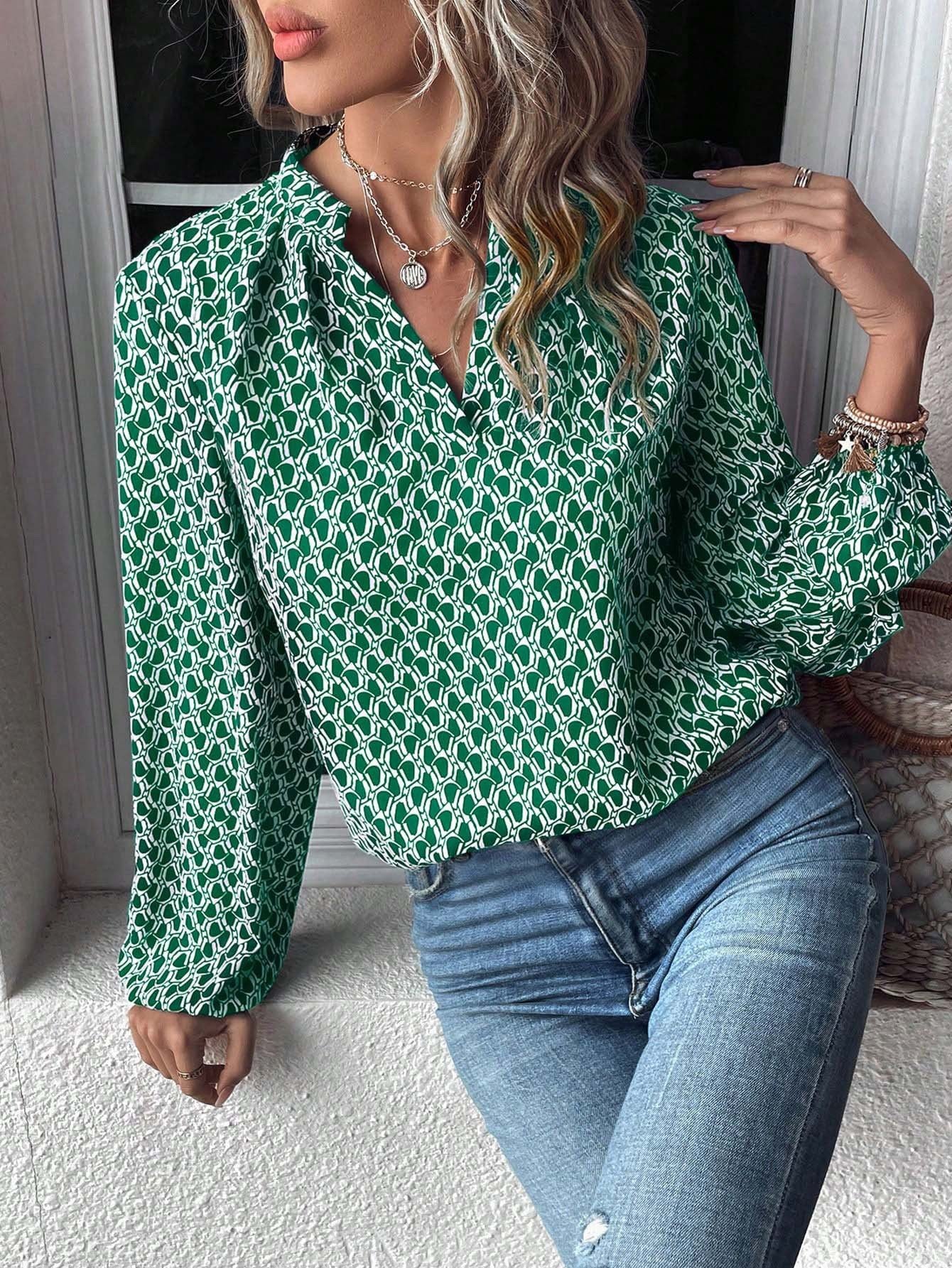 Women's Long Sleeve Shirt Spring/Fall Green Geometric Split Joint V Neck Balloon Sleeve Daily Going Out Casual Top