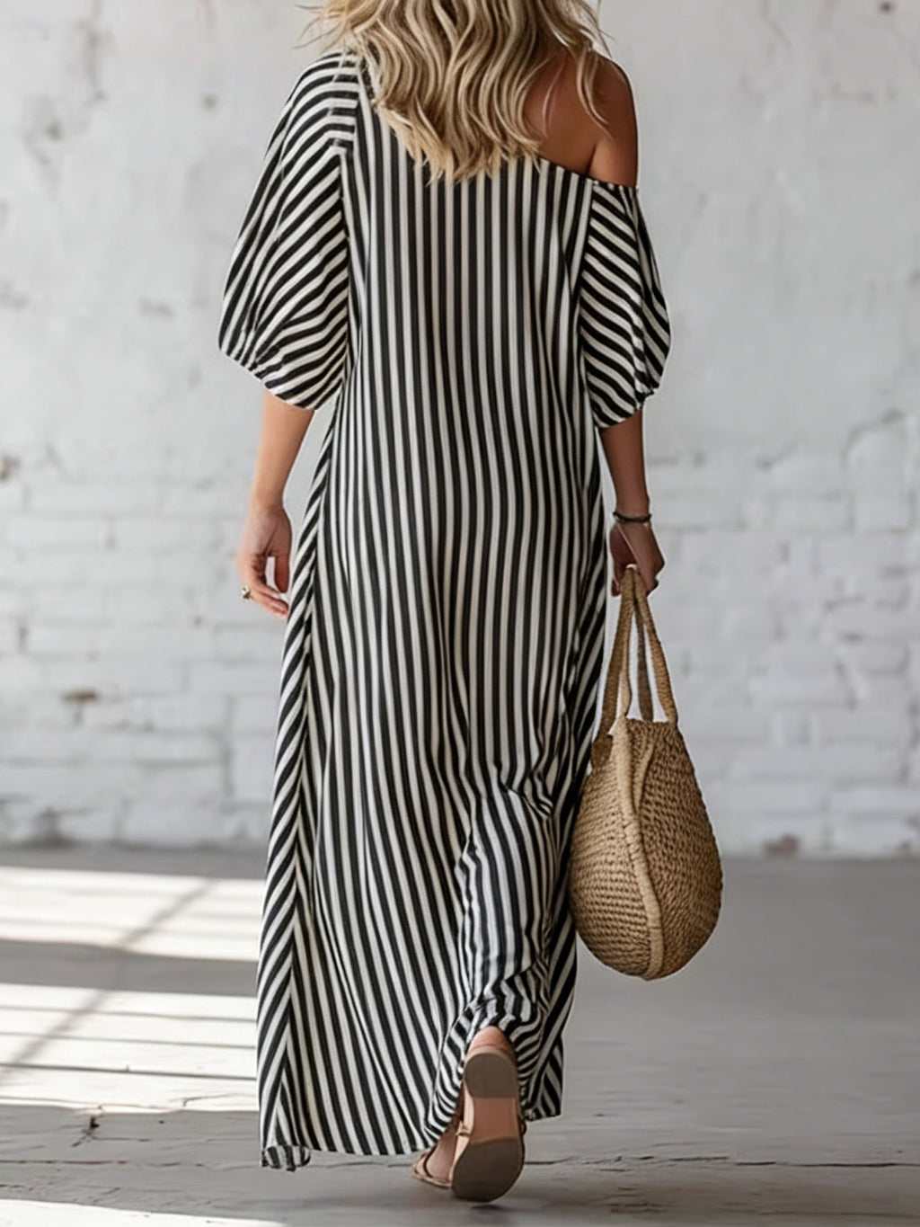 Striped Asymmetrical Neck Puff Short Sleeve Spring Summer Casual Maxi Dress