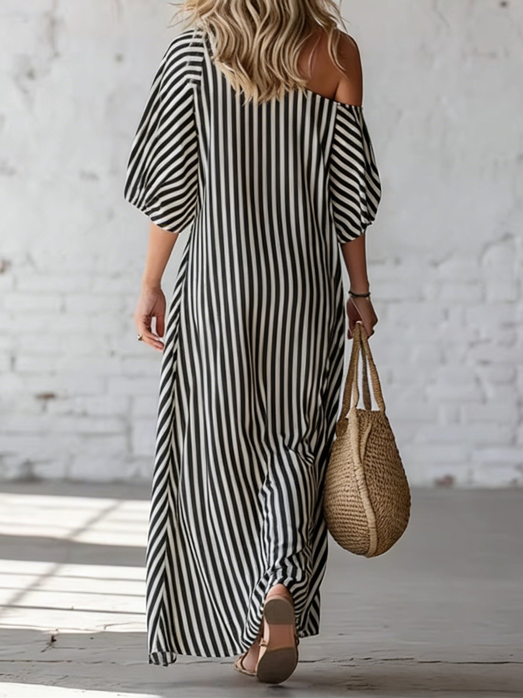 Striped Asymmetrical Neck Puff Short Sleeve Spring Summer Casual Maxi Dress
