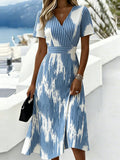 Blue Striped V Neck Short Sleeve Summer Casual Maxi Dress