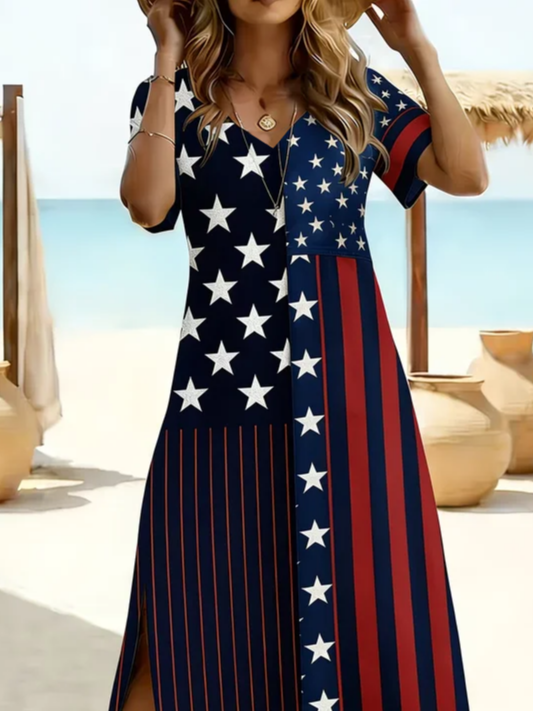 Women's Short Sleeve Summer Black Independence Day (Flag) Printing Crew Neck Daily Going Out Casual Maxi H-Line T-Shirt Dress Dress