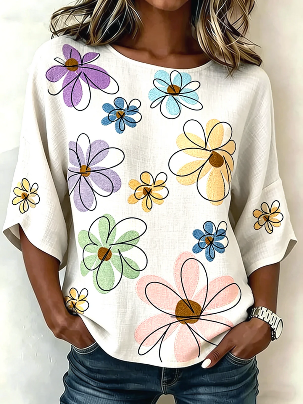 Cotton And Linen Vintage Floral Crew Neck Shirt