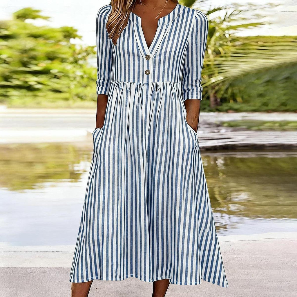 Half Open Collar Striped Casual Dress With No