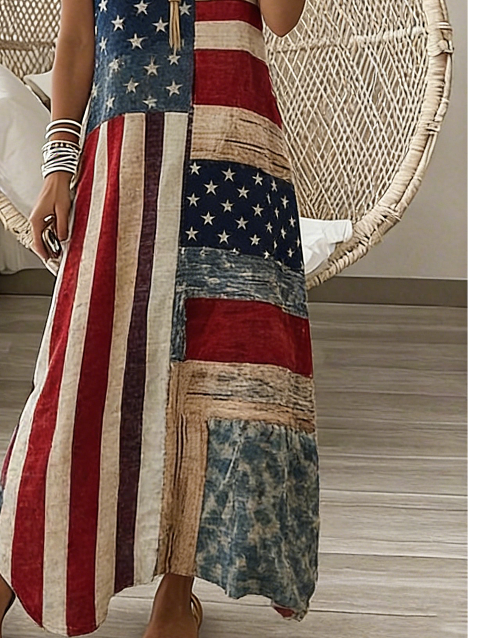 Independence Day Loose Vintage V Neck Dress With No