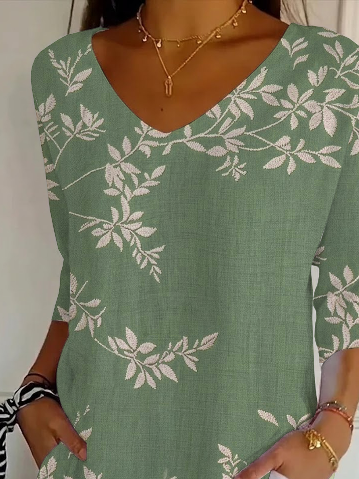Women's Three Quarter Sleeve T-shirt Spring/Fall Green Plants Printing V Neck Daily Going Out Casual Top