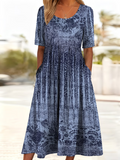 Women's Short Sleeve Summer Navyblue Abstract Printing Crew Neck Daily Going Out Casual Maxi H-Line Shift Dress Dress
