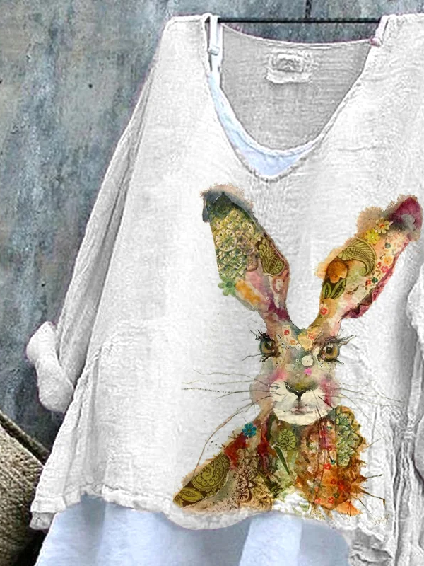 Women's Long Sleeve Blouse Spring/Fall White Easter (rabbit) Printing V Neck Daily Going Out Casual Top