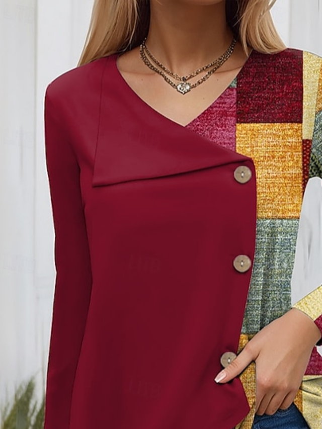 Women's Long Sleeve T-shirt Spring/Fall Wine Red Plaid Printing V Neck Daily Going Out Casual Top