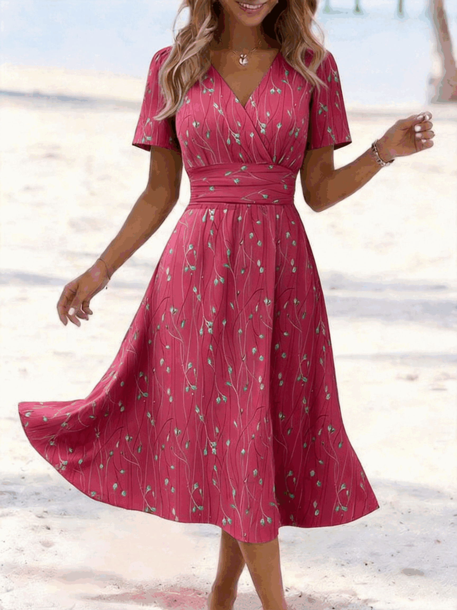 Women Leaf Summer Dress V Neck Short Sleeve Beach Dress A-Line Dress