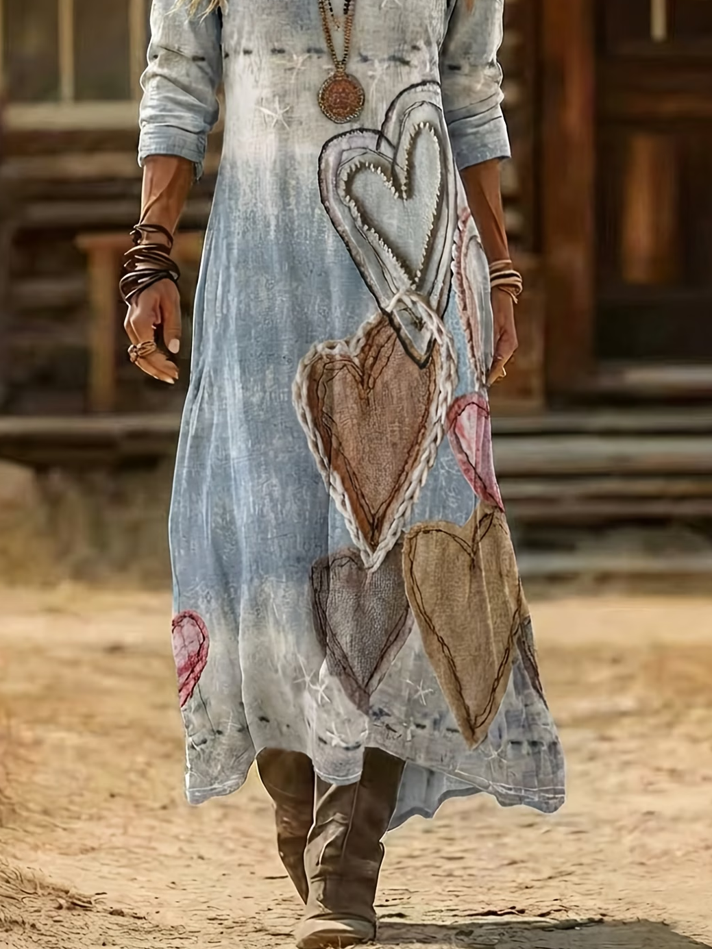 Women's Long Sleeve Spring/Fall Blue Heart/Cordate Printing V Neck Daily Going Out Vintage Maxi H-Line Dress