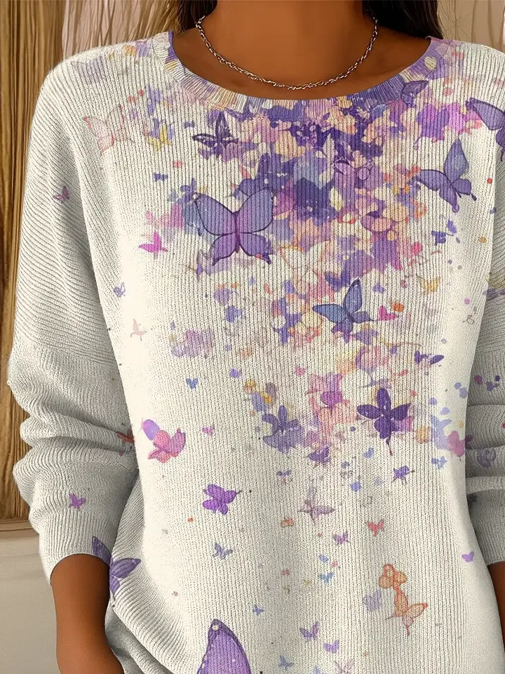 Crew Neck Butterfly Casual Printing Sweater