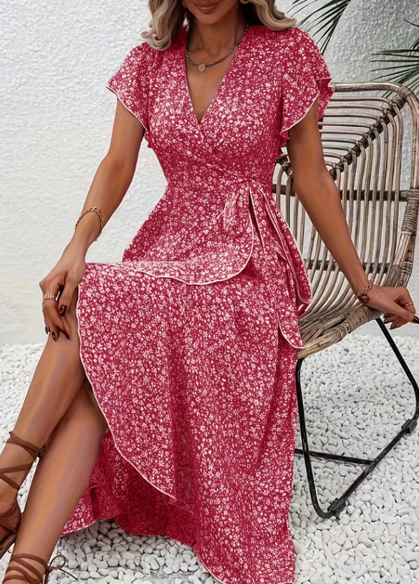 V Neck Ditsy Floral Regular Fit Elegant Dress With No