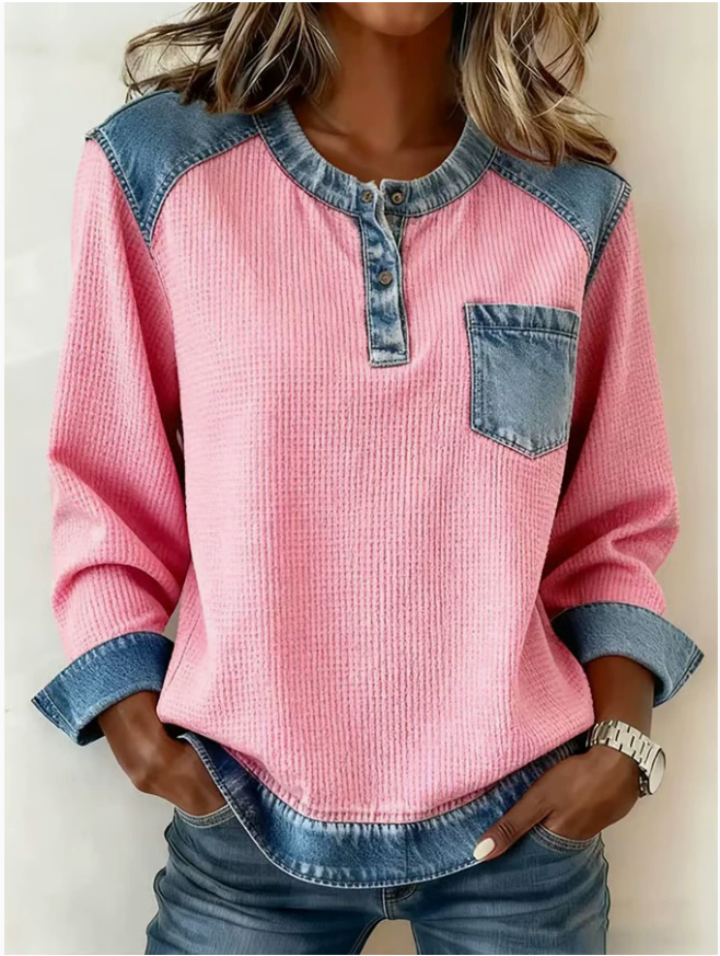 Denim Color Block Crew Neck Half Placket Long Sleeve Patch Pocket Casual Blouse