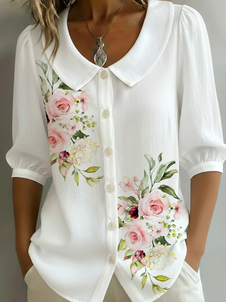 Women's Half Sleeve Shirt Summer White Floral Printing Shawl Collar Daily Going Out Casual Top