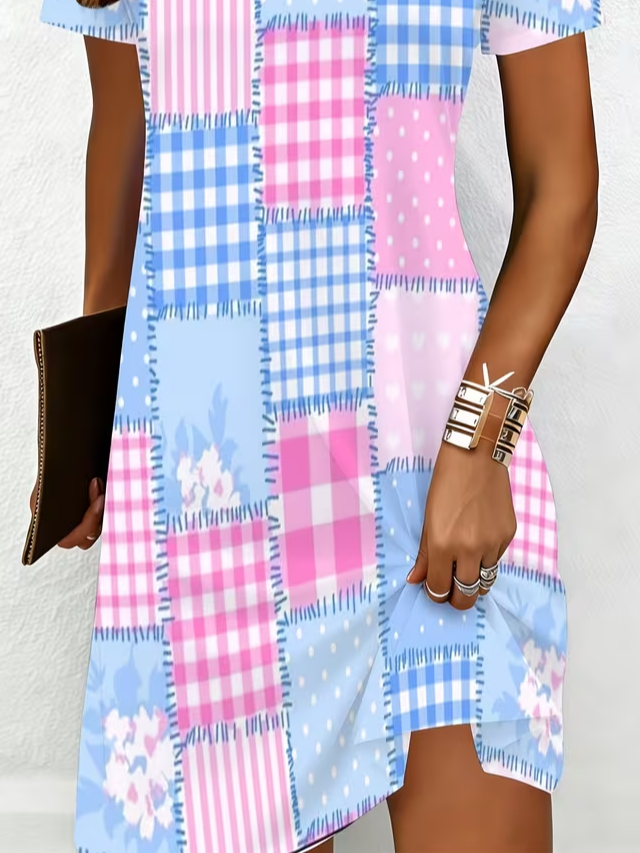 Women's Short Sleeve Summer Blue Abstract Printing V Neck Daily Going Out Casual Knee Length H-Line T-Shirt Dress Dress