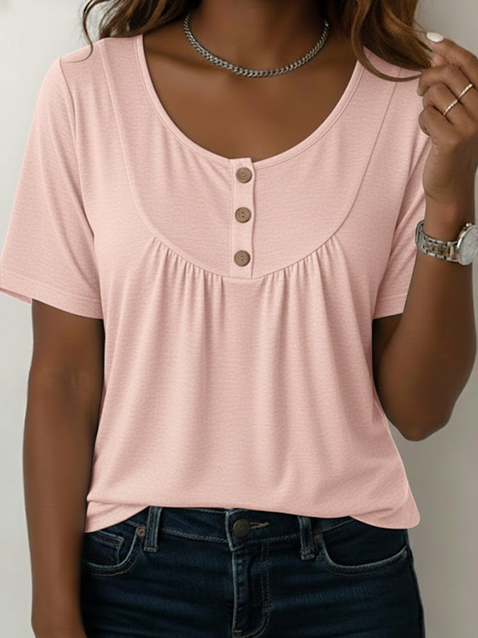 Women's Short Sleeve T-shirt Summer Pink Plain Buckle Crew Neck Daily Going Out Casual Top