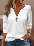 Casual Zipper Cotton-Blend V Neck T-Shirt
