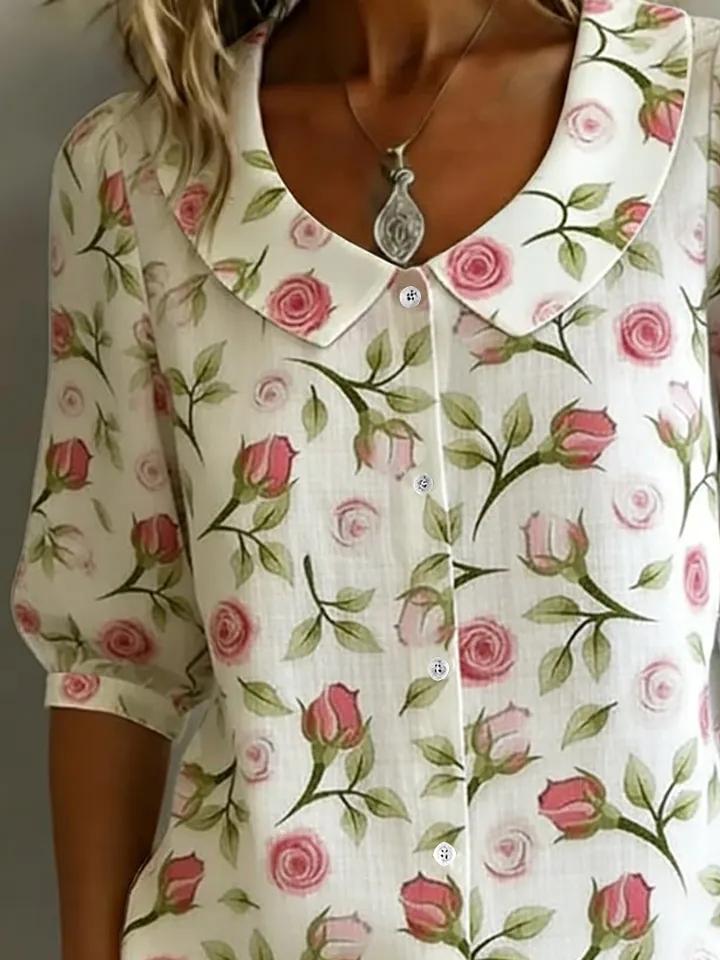 Vintage Floral Linen Blend Shawl Collar Shirt