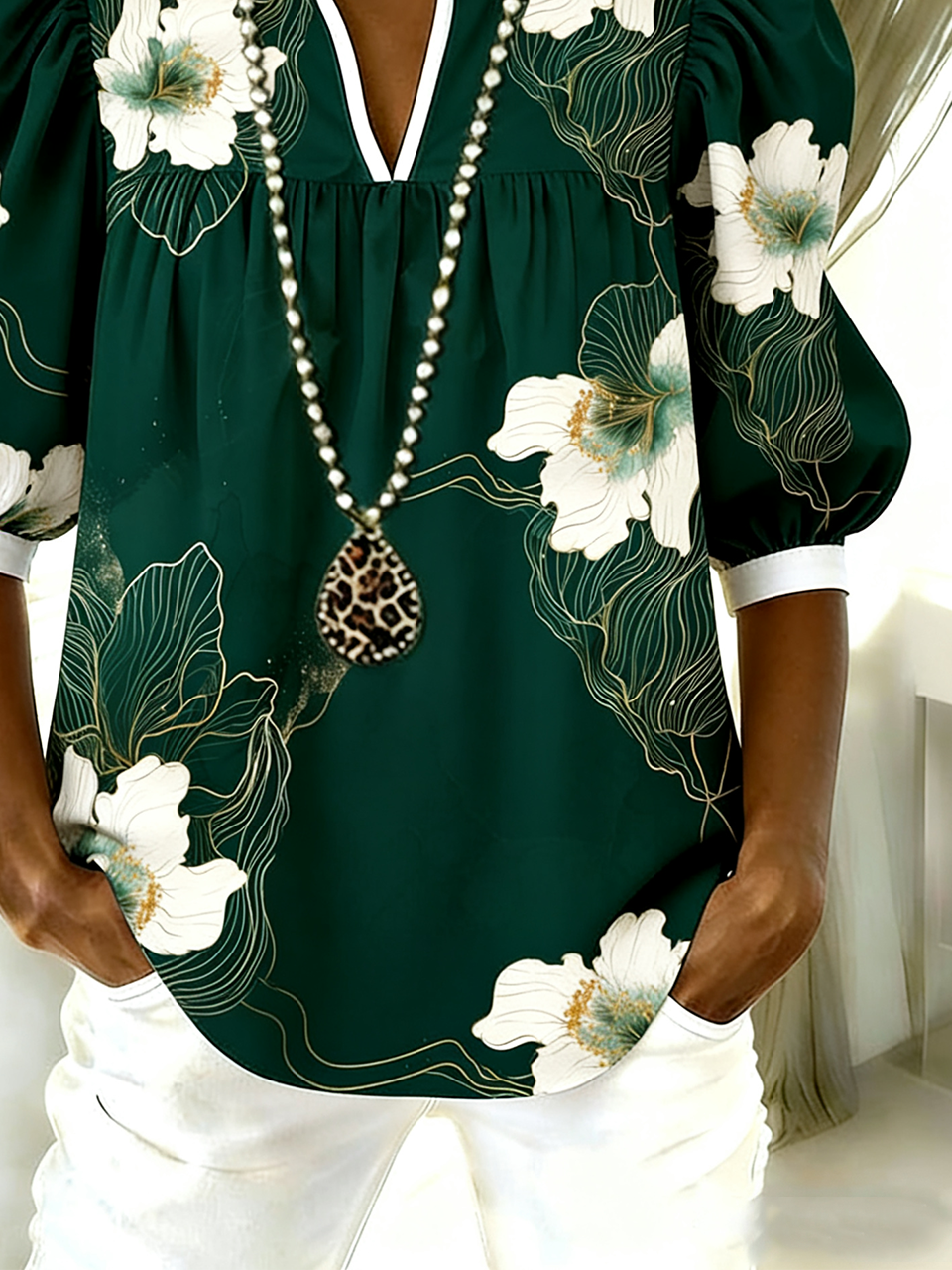 Casual Floral Loose Puff Sleeve Shawl Collar Shirt