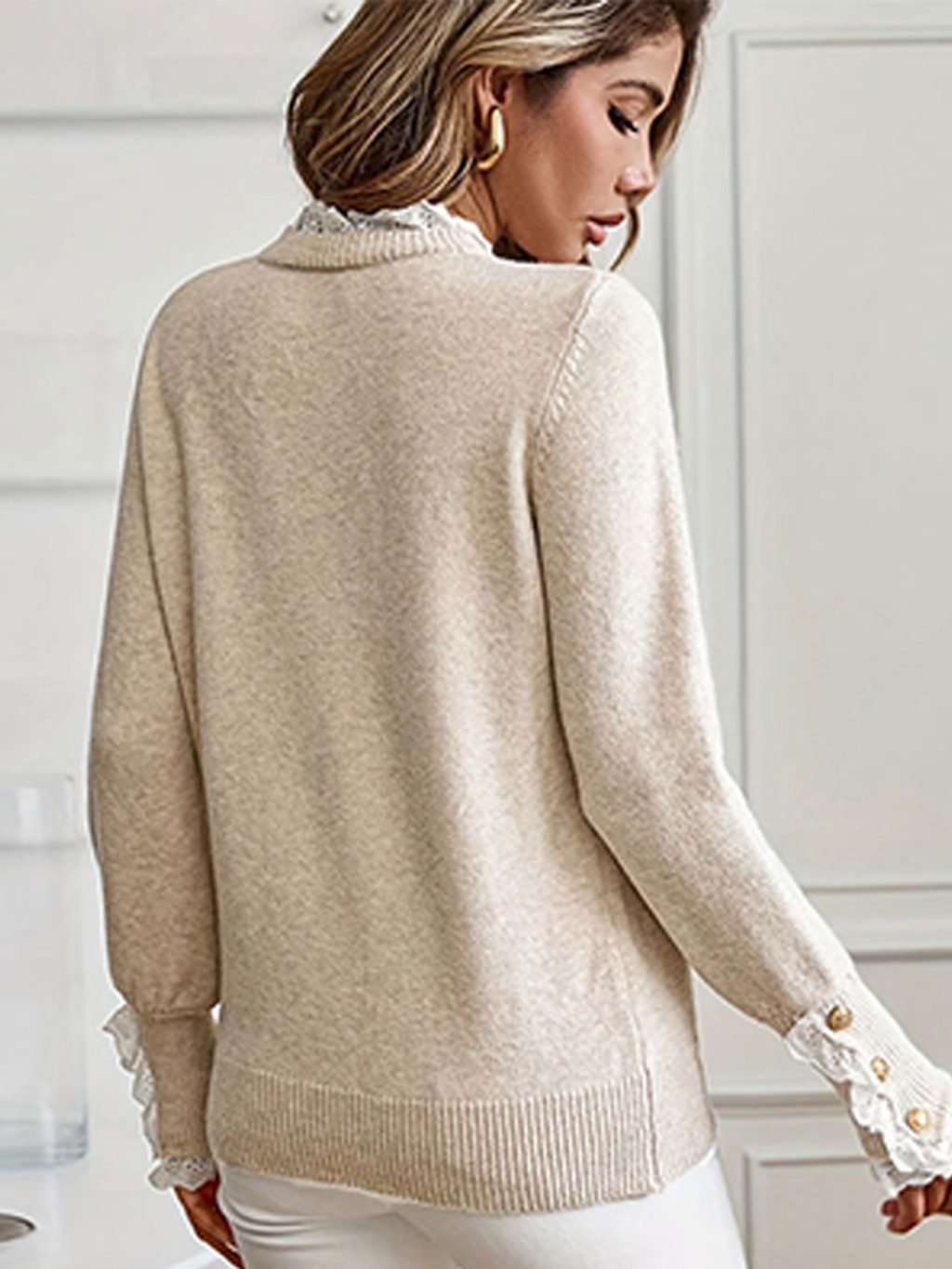 Elegant Lace Ruffle Crew Neck Knit Blouse